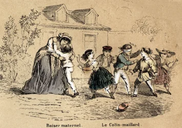 Description of the five senses: the touch, a mother hugging her child for maternal contact and the game of blind man