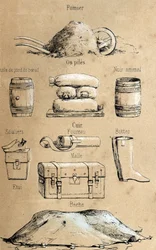 Description of the various products and uses of cow: all kinds of objects made from cow (beef foot oil, leather objects, manure). Plate 