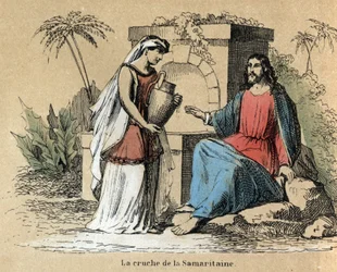 Description of the various stages of making and uses of clay: Jesus and Samaritan carrying a clay jug in the Bible. Plate 
