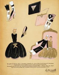 Design for a black velvet dress and accessories together with two dolls, Les Idées Nouvelles