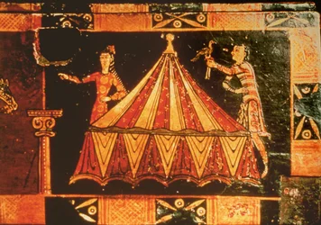 Detail from a wedding chest depicting two figures by a tent (detail)