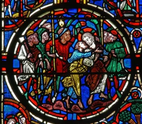 Detail from a window depicting the Passion: Judas betrayal