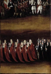 Detail of an 18th century screen used for the Fete God (or Fete of the Blessed Sacrament), representing the procession