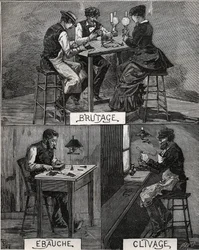 Diamond cutting, sound, rough and cleavage. Engraving from 1885 in 