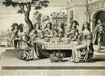 Diners on a terrace with a formal garden below, engraved by Balthazar Moncornet