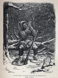 Discover Canada: Canadian Army Volunteer Snowshoe Shoes. Drawing by Dupuy. Engraving from the End of the 19th Century in La Nouvelle France by Eugene Guenin