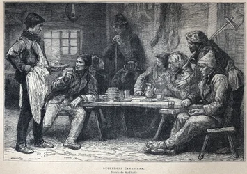 Discover Canada: Canadian loggers. Drawing by Maillard. Engraving from the end of the 19th century in 