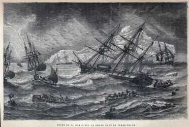 Discovery of Canada: Cod fishing on the Grand Bank of Newfoundland. In La Nouvelle France by Eugene Guenin.