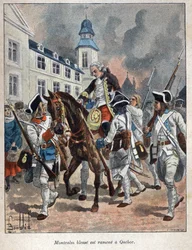 Discover Canada: Louis Joseph de Montcalm (1712-1759) French General Injured During the Siege of the City of Quebec by the English and Brought Back to Quebec in 1759. Engraving from the End of the 19th Century in La Nouvelle France by Eugene Guenin