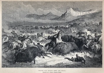 Discovery of Canada: Sioux bison hunt. Drawing by Gustave Dore after Catlin. In La Nouvelle France by Eugene Guenin.