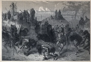 Discovery of Canada: the dance of the bison in the Mondanes. In La Nouvelle France by Eugene Guenin.