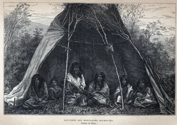 Discover Canada: American Indians Living in the Rockies. Engraving from the End of the 19th Century in La Nouvelle France by Eugene Guenin