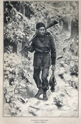 Discovery of Canada: portrait of a Canadian trapper in the forest. Engraving from the end of the 19th century in 