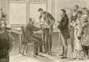 Doctor Pasteur examining boy infected with rabies