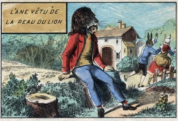 Donkey wearing the skin of the Lion. Fables by Jean de La Fontaine (1621-95). Epinal imaging from the end of the 19th century.