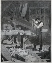 Ebenisterie: ebenist worker splitting a board at the established. Engraving from 1885 in 