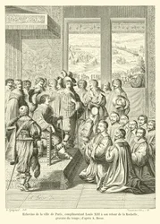 Aldermen of the city of Paris, complimenting Louis XIII on his return from La Rochelle, engraving of the time; after A Bosse