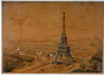 Rejected Eiffel Tower project from the 1886 competition for the 1889 exhibition. Drawing from 1886. Paris, National Archives