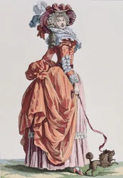 Elegant Woman with her dog, fashion plate from Galerie des Modes et Costumes Français, engraved by Bacquoy