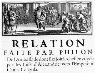 Embassy of Philo to Roman Emperor, Gaius Caligula, chapter heading illustration from Histoire de la Guerre des Juifs contre les Romains, by Flavius Josephus, published in Paris, 1688