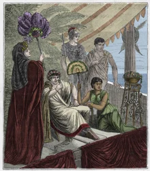 Emerald blade used as an optical instrument by Emperor Nero, Emperor of Rome (54-68 AD): Nero watching gladiatorial combat through a concavely ground emerald serving as a lens to correct his myopia - engraving in 