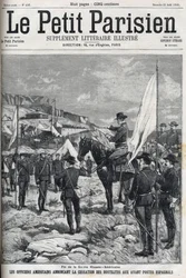 End of the Spanish-American War in 1898. American officers announcing the cessation of hostilities at the Spanish outposts. Engraving in 