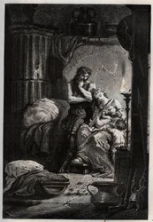 Eponine and her husband Julius Sabinus living clandestinely in a cave to escape the Vespasian emperor - engraving from L
