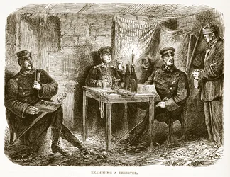 Examining a deserter, illustration from Cassells History of the War between France and Germany, 1870-1871