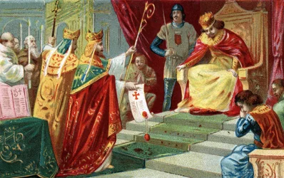 Excommunication of Robert II the Pious in 998. The King of France, son of Hugues Capet, falls in love and marries his cousin Berthe of Burgundy despite the disapproval of Pope Gregory V, who also excommunicates him. Chromolithography of the late 19th centu