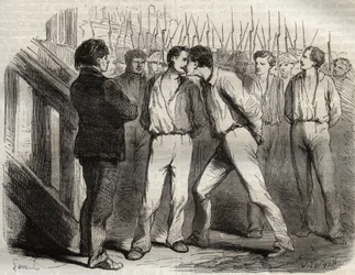 Execution of the four sergeants of La Rochelle on 21 September 1822: Bories, Raoulx, Gaubin, Pommier - Raoulx, who was to pass the first, asked to embrace his comrades - Engraving in Causes celebres de tous les peuples by Armand Fouquier (1817-18?) 18