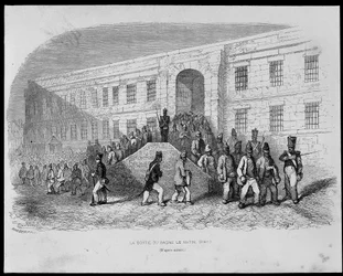 Exit from the Brest prison in the morning - in “Les Bagnes: histoire, types, mores, mystere” by Maurice Alhoy, ed Gustave Havard
