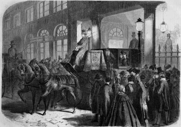 Exit of Emperor Napoleon III (1808-1873) from the Comédie-Française after a performance of “Chatterton”. Paris