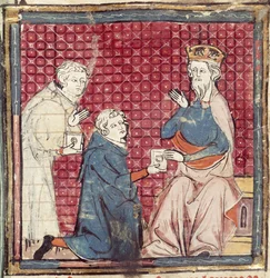 Messengers telling Charlemagne of the victory over the Saracens, from the Grandes Chroniques de France, 1375-79