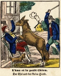 Fables of La Fontaine: The Donkey and the Little Dog. Image of Epinal, first half of the 19th century