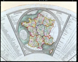 Fan depicting the Map of France as Divided into 9 regions, 10 metropolis and 83 departments