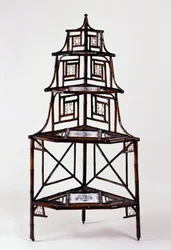 Far East style Second Empire (Napoleon III) bamboo corner etagere plant stand with French majolica tiles and four tiers
