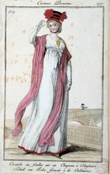 Fashion under the Directoire: elegant young woman wearing a Parisian suit: cockade in sheets on English hat, dress frowned with coblentz. Anonymous engraving. 1797