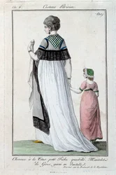 Fashion under the management board: elegant young Parisian woman wearing the Titus, gauze mantle with lace. 1797. Paris, costume museum