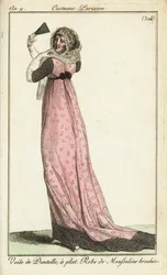 Fashionable woman in lace veil, damask muslin dress
