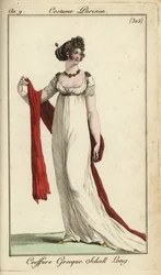 Fashionable woman or Merveilleuse in ancient Greek hairstyle