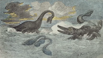 Fight between a Plesiosaurus and an Ichthiosaurus in the Liassic or Jurassic period (208 to 146 million years ago), 1880