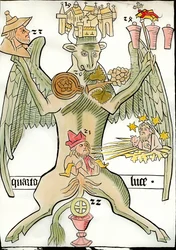 Figure symbolizing the evangelist Saint Luke: a bull associated with the city of Jericho (or Jerusalem), a bunch of grapes, a prophet, the Christ of the Last Judgment appears with stars and rays of sun, a portrait of a Jew, a chalice