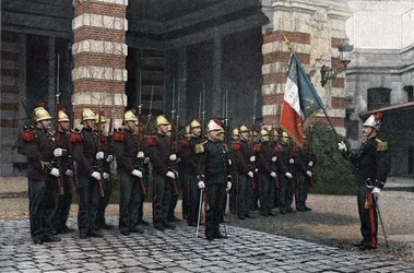 Firefighters of Paris. Salute to the flag. in 