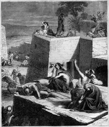 First Crusade: The German Crusades crush the Hungarians and set the cities on fire. Engraving in Histoire des Papes-Rois-Queen and Empereurs a travers les centuries by Maurice Lachatre