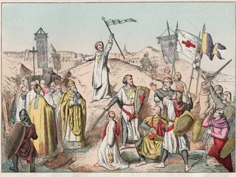 First Crusade: the siege and the capture of Jerusalem by the croises led by Godefroy (Godefroi) de Bouillon (1058-1100) in 1099 - Godfrey de Bouillon at the Siege of Jerusalem - Engraving of the end of the 19th century in 