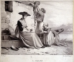 Fisherman, his wife in regional costume and their child in Arles