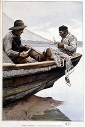 Fishermen rowing nets on board, c. 1895