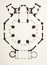 Floor plan of the 6th century Byzantine San Vitale Church in Ravenna, Italy, from Les Arts au Moyen Age, published 1873