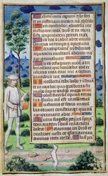 Fol.50v Page of text with a border detail of a musician making his dog dance, from 