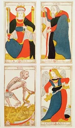 Four tarot cards depicting Justice, Temperance, Death and The Hermit
